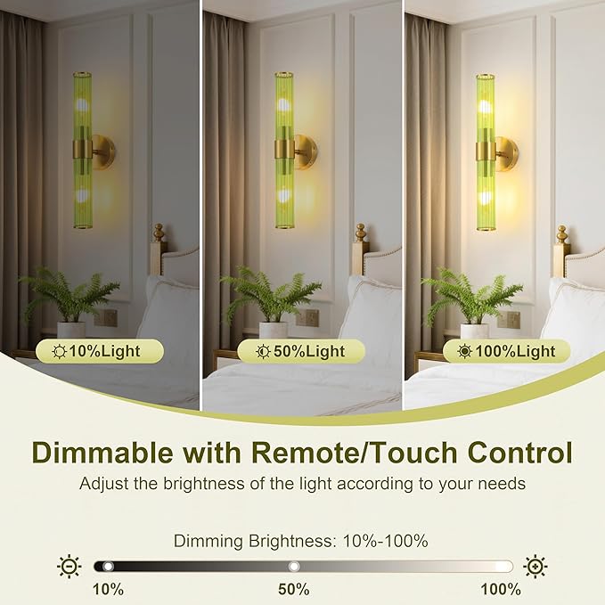 Gold Battery Operated Wall Sconces Set of 2, Rechargeable Wall Lights with Remote Control, 20 Inch Modern Wireless Wall Lamp for Bedroom, Living Room with Green Shade (Bulbs Included)