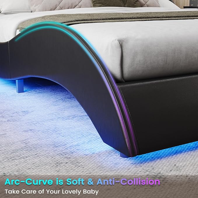 DICTAC King Size Bed Frame with Headboard and Charging Ports Modern Low Profile King Platform Bed Frame with LED Lights Wave Like Curve Led Bed Frame King Size with Wood Slats Support,Black
