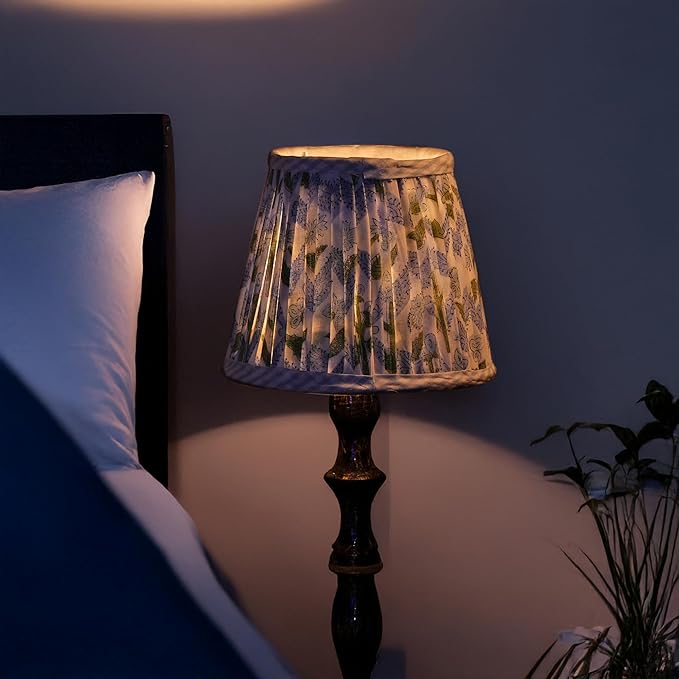 Ridhi Pleated Block Print Lamp Shade Light Steel Blue Floral Medium 4" Top x 6" Bottom x 5" High Spider with Harp and Finial Fitting Pack of 2