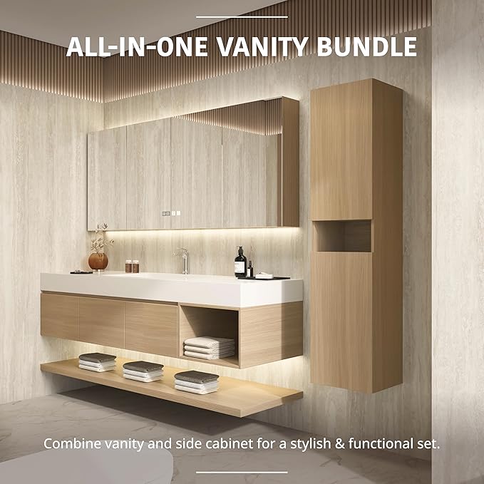 84" Modern Floating Bathroom Vanity Set with Sink, Side Cabinet, LED Smart Mirror Cabinet, 3 Soft-Close Drawers & Open Storage Shelves, Light Oak
