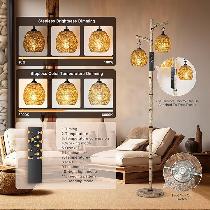 Scenekoy 68.5" Rustic Farmhouse Remote Control Switch Birch Tree Floor lamp with Bird Nest Lantern Shade Vintage Standing Lamp for Living Room Bedroom Hotel Bar Office Wood House(Bulb Included)