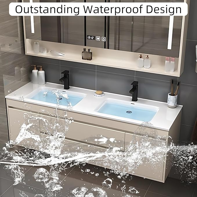 76IN Suspend Bathroom Vanity - Bathroom Cabinet with Double Sinks | Smart Defogging Mirror Cabinet Includes Time Display & LED Lighting, Open Storage Shelves, 2 Drawers (Dark Gray)