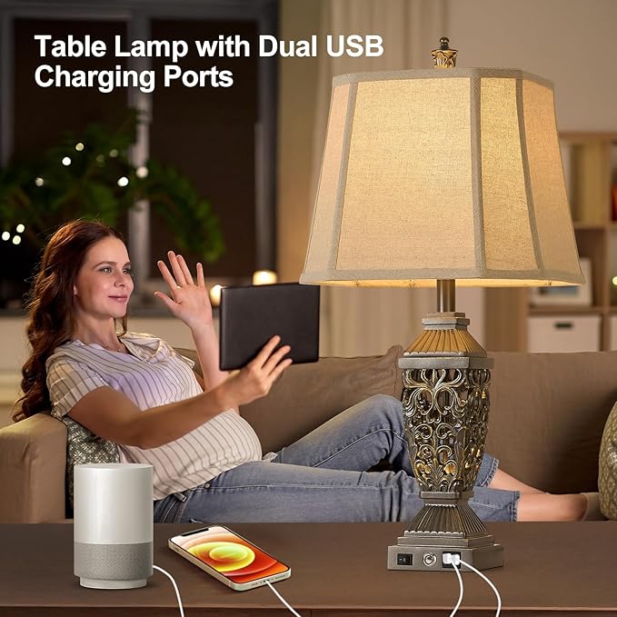 AIDENOEY 27.5“ Farmhouses Table Lamp with USB & USB-C Charging Ports, 3-Color Dimmable & Stepless Bottom Dimming, Touch Control & Switch, Vintage Bedside Lamp for Bedroom Living Room Office,(Brown)