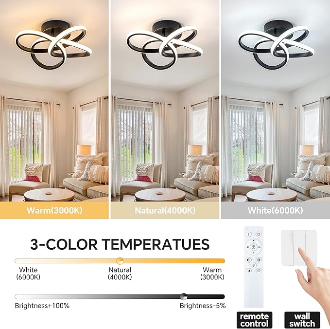 Modern Ceiling Light, 36W LED Dimmable Ceiling Light with Remote Control, 3000-6000K Color Temperature Changing, Black Small Chandelier for Bedroom, Entryway, Hallway, Kitchen