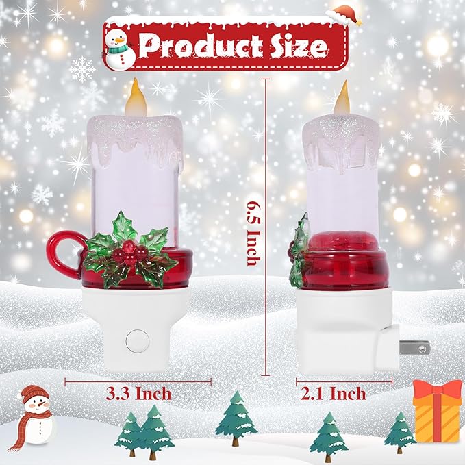 Christmas Candle Night Light Plug into Wall Glitter Water Nightlight with USB/Outlet Options, Christmas Decorative Nightlight for Bedroom Kitchen Nursery Hallway Holiday Decorations Gifts (Candle)