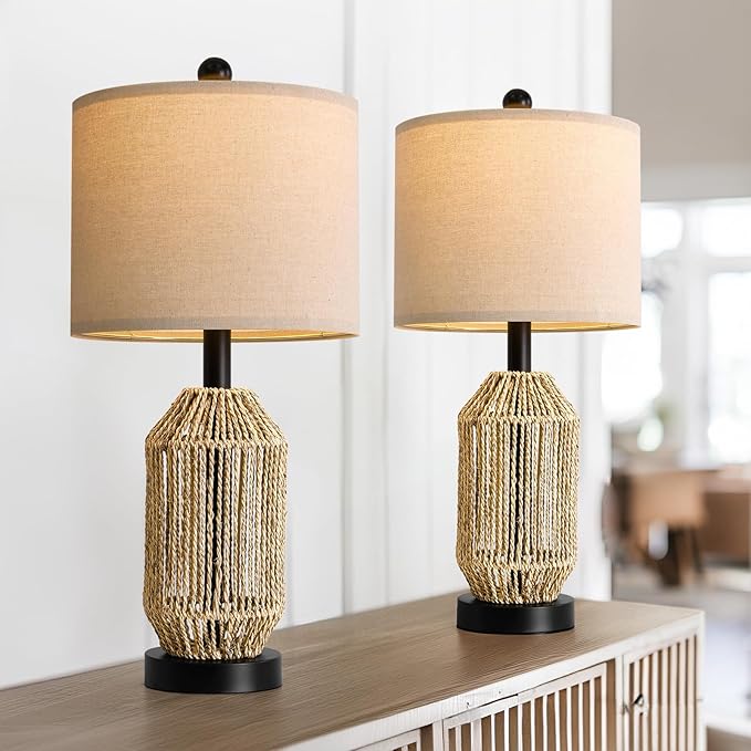 OYEARS 21" Boho Table Lamps Set of 2 for Living Room, Bedside Lamps for Nightstand, Rattan Lamp for Bedroom, Farmhouse Table Lamps for Boho Decor, End Table, Retro, Black