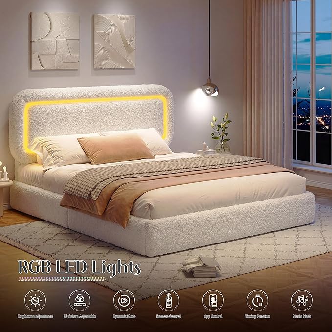 Queen Bed Frame with Headboard, Boucle Upholstered Platform Bed Frame with LED Light, Soft Rounded Corners, No Box Spring Required, Easy Assembly, White