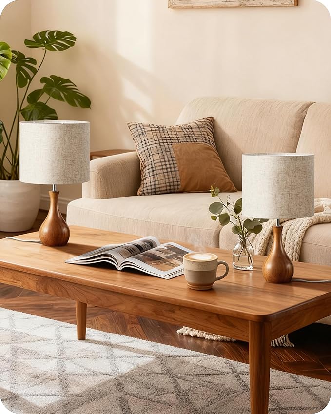 Wood Table Lamps Set of 2, Small Bedside Lamp with Beige Linen Lampshade & Dark Natural Wood Base, 14.2" Modern Cute Desk Lamp for Small Space, E26 Base, Bulb Not Included, LE09TLP205