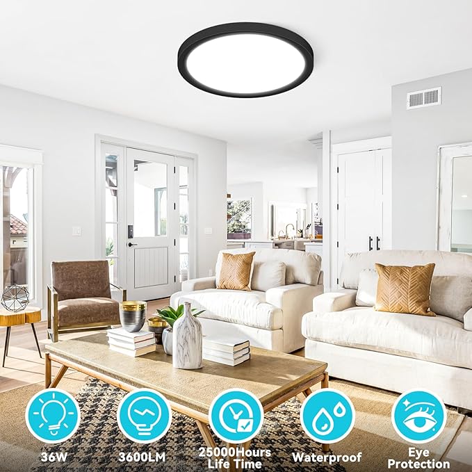 libtit 16Inch Flush Mount LED Ceiling Light Fixture, 3000K 4000K 6500K Adjustable, 36W 3600lm Black Satin Round Ceiling Lamp for Bathroom Shower Hallway Kitchen, 2 Pack