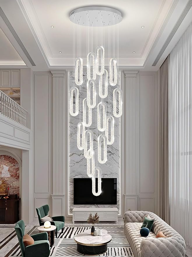 H138 LED Crystal Chandelier, Contemporary Chandeliers Large Pendant Light for High Ceiling Silver