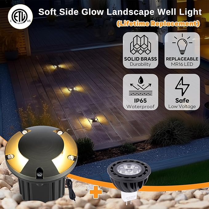 Gardenreet Low Voltage Outdoor Well Light - Brass All Weather Low Voltage 12V In Ground Lighting, LED Wired Fixture, Antique Bronze for Backyard Lawn Pathway with 4000K Neutral White MR16 Bulb