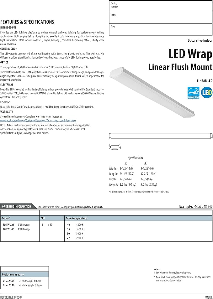 Lithonia Lighting 2 Foot LED Light Fixture, Low-Profile LED Wraparound Flush Mount Ceiling Light, 3000K Warm White, 120V, 24-Inch (FMLWL 24 830)