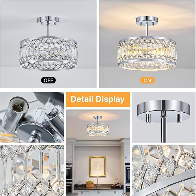 Crystal Ceiling Light Fixture, Modern Semi Flush Mount Ceiling Light, Chrome Lighting Ceiling Chandelier for Kitchen, Bedroom, Dining Room, Hallway, 3-Light, 12.2 Inch