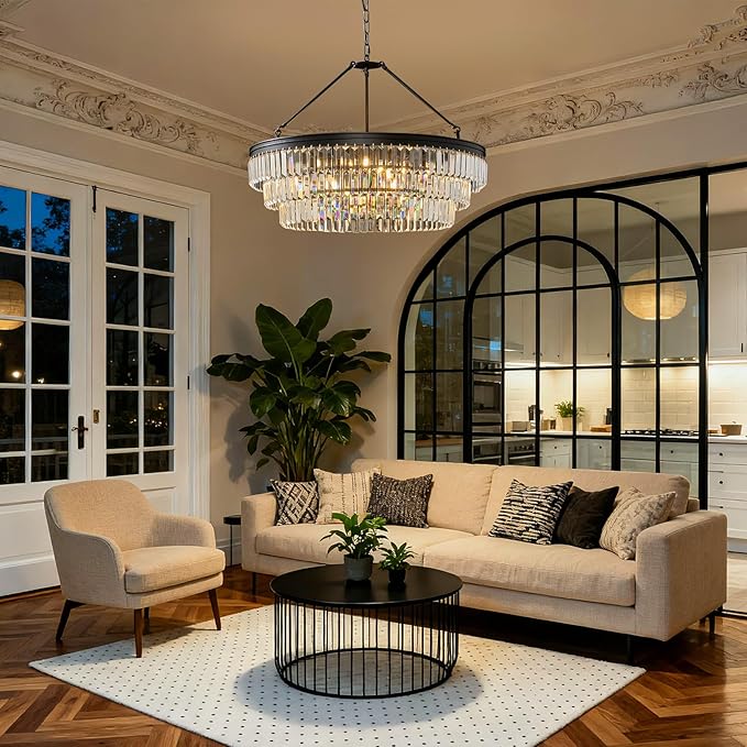 Black Modern Round Crystal Chandelier: 28" K9 Luxury Crystals Contemporary Chandeliers for Dining Room Lights over Table - Adjustable Large Light Chandelier for Bedroom Living Kitchen Entryway Foyer
