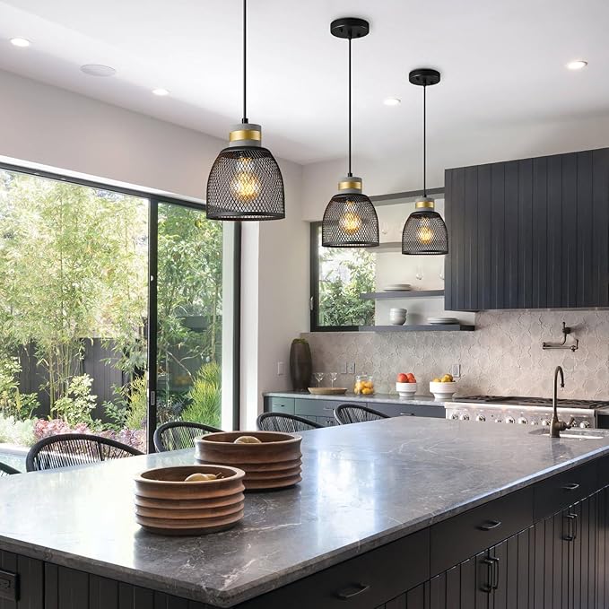Modern Industrial Pendant Light Fixture with Concrete and Black Metal Linear Shade Black Pendant Light Kitchen Island for Bedroom Dining Room Restaurant(Black 1-Pack)