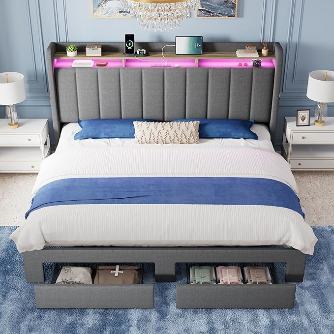 Allewie Vertical Tufted King Size Upholstered Platform Bed Frame with 2-Tier LED Storage Headboard & 2 Storage Drawers, USB & Type-C Charging Ports, Noise-Free/No Box Spring Needed, Dark Grey