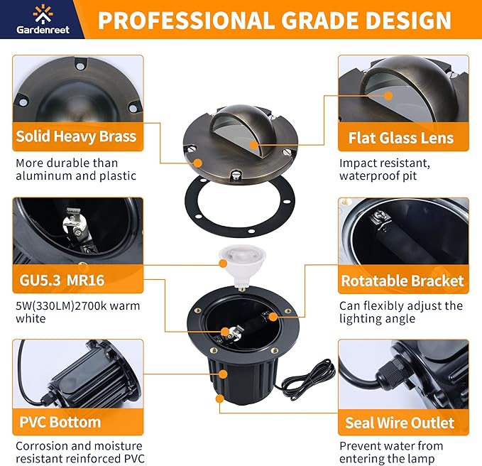 Gardenreet Brass Low Voltage In Ground Well Lights Kit(4 Pack) with LED MR16 Bulb & 100Feet Wire & Connectors, 12V AC/DC Landscape Lighting for Outdoor Yard Garden Paver Tree Path(Beacon Top)