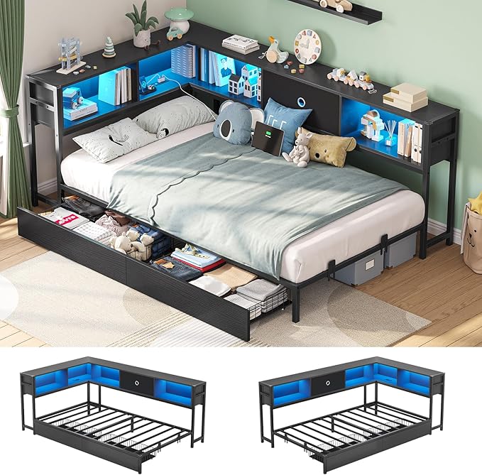 Hasuit Corner Bed Frame Twin XL with Storage Drawers and Bookcase Headboard, Metal Platform Corner Bed Frame with Charging Station and LED Lights, Twin XL Size Daybed for Kids Teens Guests, Black