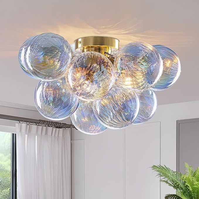 Semi Flush Mount Ceiling Light 18.5"-Glass Bubble Chandelier Lighting Modern Hallway Light Fixtures Brushed Gold with 13 Swirled Colorful Globe for Dining Room Kitchen Bathroom Entryway Bedroom