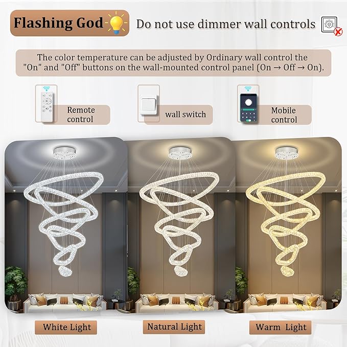 Flashing God Modern 6 Ring Crystal Chandeliers for High Ceiling Large Foyer Chandeliers LED Dimmable Crystal Ceiling Light Fixtures for Entryway Living Room Staircase Sliver