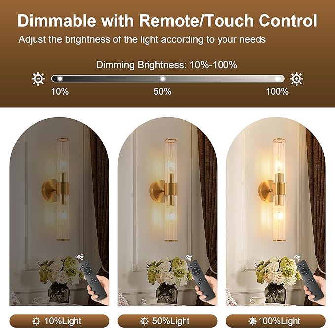 Gold Battery Operated Wall Sconces Set of Two, Rechargeable Wall Sconce with Dimmable Remote Control, 20 Inch Wireless Sconce Wall Light for Bedroom, Living Room (Bulbs Included)