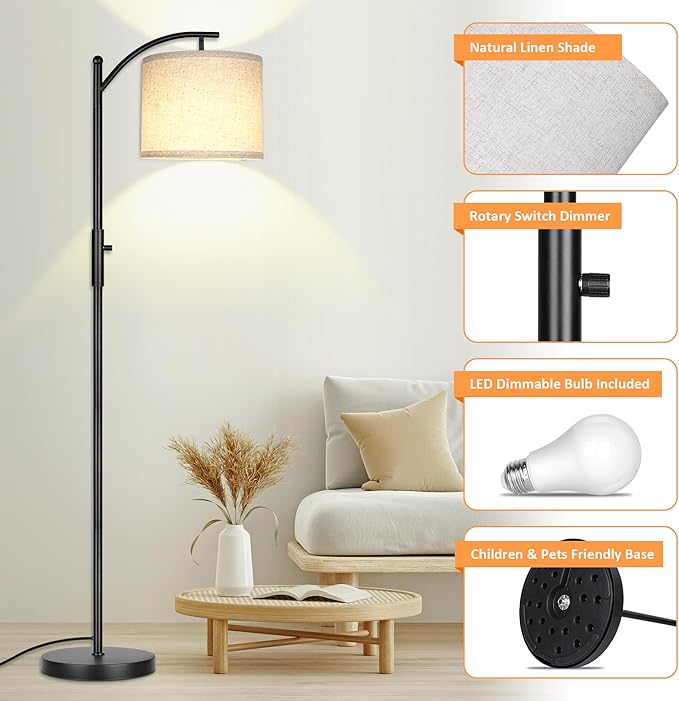 ROTTOGOON Dimmable Floor Lamp, Arc Floor Lamps for Living Room, Stepless Dimming Modern Standing Lamp with Linen Shade, Tall Lamp for Bedroom Office Dining Room- Black
