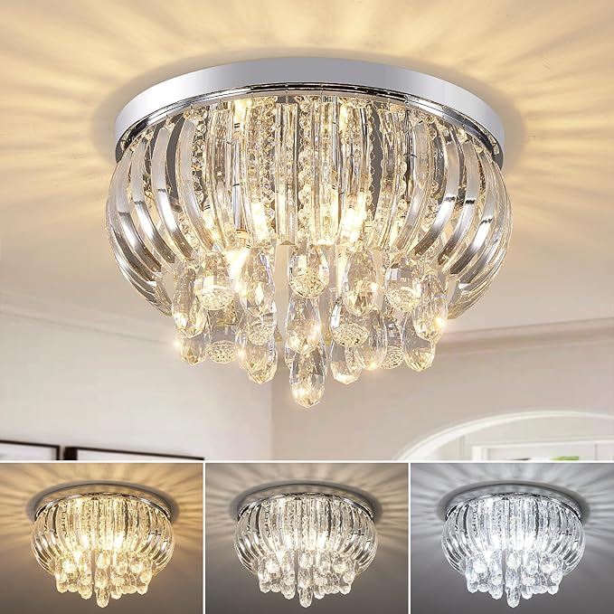 Modern Crystal Chandelier 15.7 Inch,5-Lights Chrome Crystal Flush Mount LED K9 Chandeliers Light Fixture for Bedroom Dining Living Room Hallway E12
