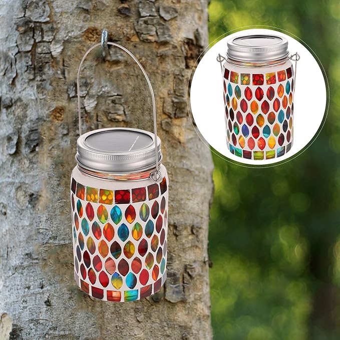 Happyyami Solar Mosaic Garden Lantern Outdoor Solar Table Lamp for Patio Lawn Hanging Decorative Jar