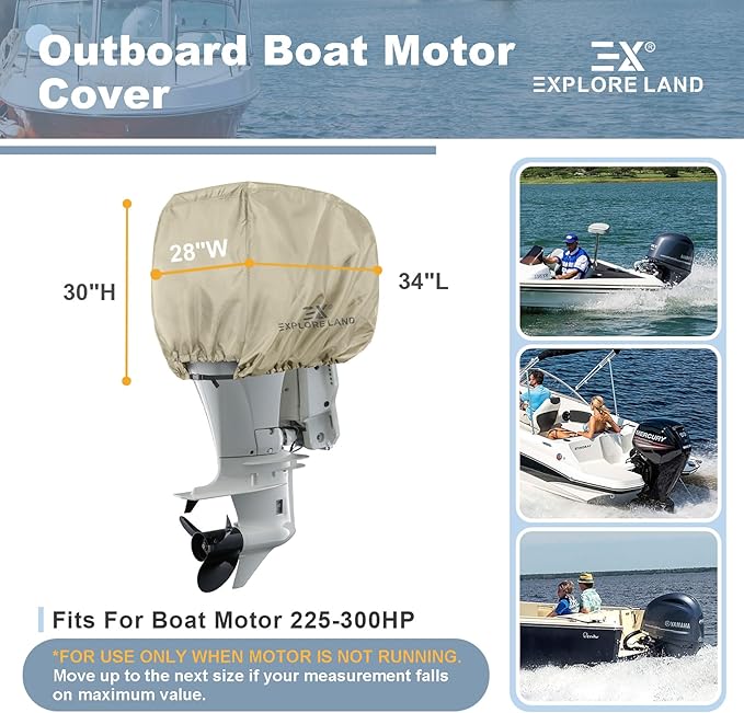 Explore Land Waterproof 600D Heavy Duty Outboard Motor Cover - Full Size Boat Engine Covers Fit for Motor 225-300 HP, Tan