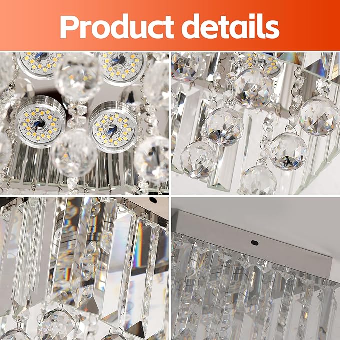 Crystal LED Ceiling Light Chandelier, Modern Semi Flush Mount Lighting Fixture Ceiling Lamp for Living Room, Dining Room, Bedroom, Kitchen Island, Entryway (7.87“ * 5.9” Square White Light)