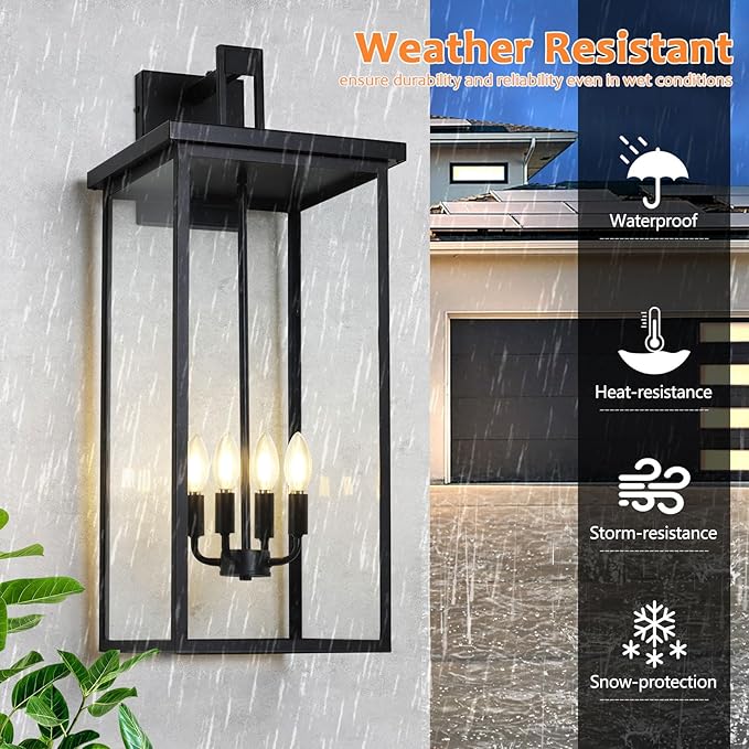 tewei 26in Large Size Dusk to Dawn Outdoor Wall Lights, Matte Black Exterior Lighting Fixtures, Modern Outdoor Porch Lights for House with Clear Shade, Outdoor Wall Sconce Light for Garage(1 Pack)