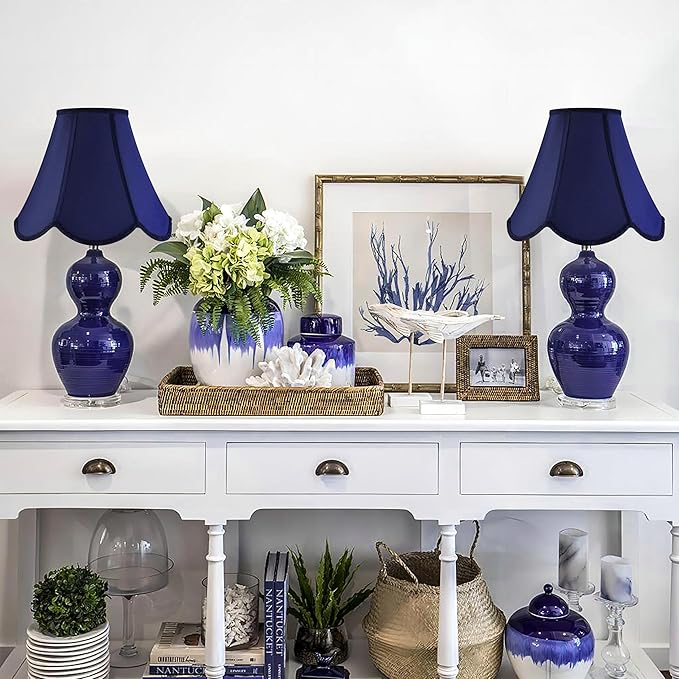 GO&SO Navy Blue Lamp Shade Scalloped Lampshade,Petal Edge Braid Bell Lamps Shades,Lamp Shades for Table Lamps,Fabric Lampshades Medium,6"Top x 13"Bottom x 10.6"Vertical Height (Spider) -Easy Assembly