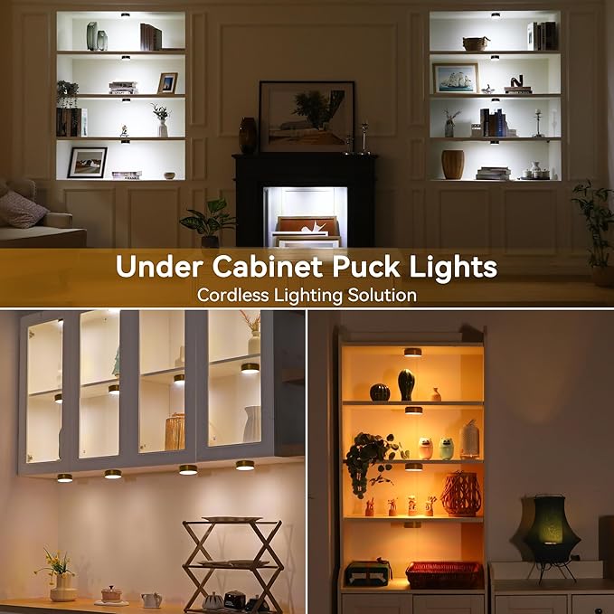 Groupable & Linkable LED Puck Lights Pro, 2.4G Remote Control, Rechargeable Under Cabinet Lighting, Tap & Touch Activated, 3 CCT & RGB Color Changing, Auto-Off Timer, 6 Pack - Black