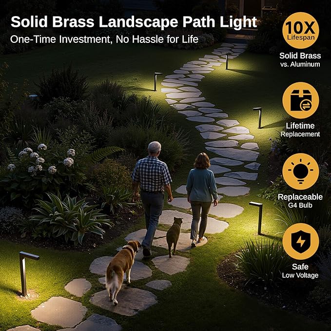 Gardenreet LED Pathway Lights Brass, 12V Landscape Path Lights Wired, Low Voltage Walkway Lights Outdoor Waterproof, L Shape Bronze for Backyard Garden with 3W 270LM 2700K G4 Bulb 8 Pack