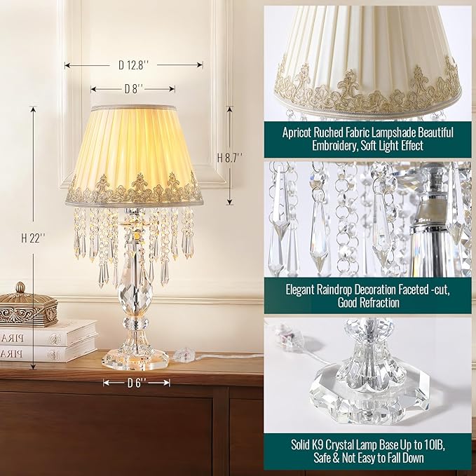 Siljoy Crystal Table Lamp Set of 2, 22.8'' Tall Modern Crystal Bedside Table Lamp, Farmhouse Dimmable Nightstand Lamp with Raindrop K9 Crystals for Living Room Dining Room Bedroom