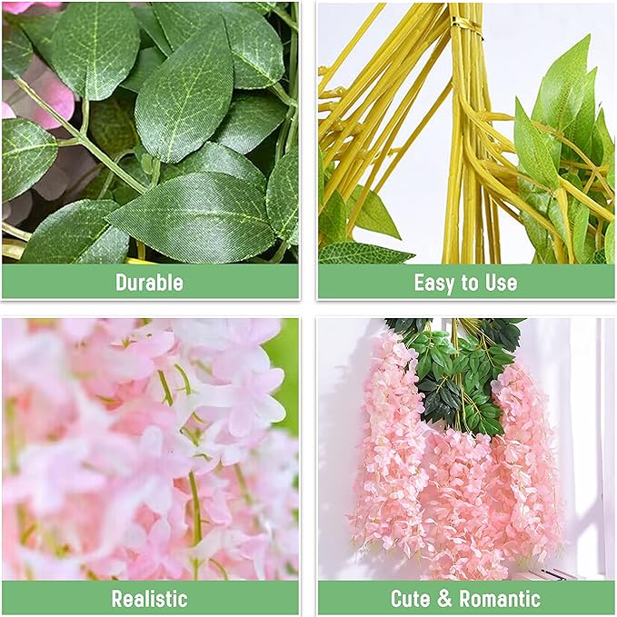 BLEUM CADE 36Pcs Pink Fake Wisteria Hanging Flowers, 3.6Ft/Pcs Artificial Wisteria Garland, Hanging Flowers for Wedding Party Home Backdrop Wall Decoration