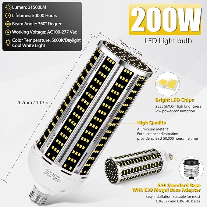 200W LED Corn Light Bulb 4 pack,(2000W Equivalent )Commercial Grade 30500LM DayLight 5000K E26/E39 Medium Mogul Base LED Lamp,Large Area Lights For Outdoor Indoor Garage Warehouse Factory Bay Light
