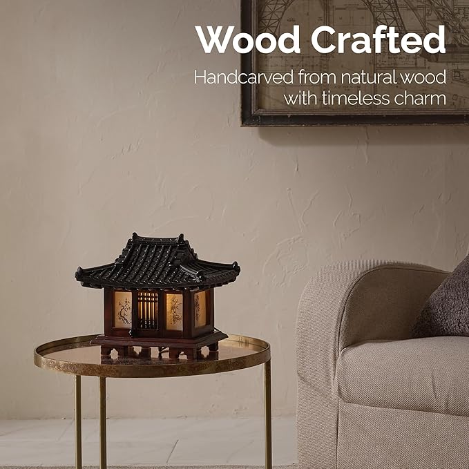 Traditional Korean Wood Lamp | Handmade Asian Oriental Table Lantern | Bedside Bedroom Accent Light | Unique Gift Idea | Pagoda Design (Brown) (Hanok)