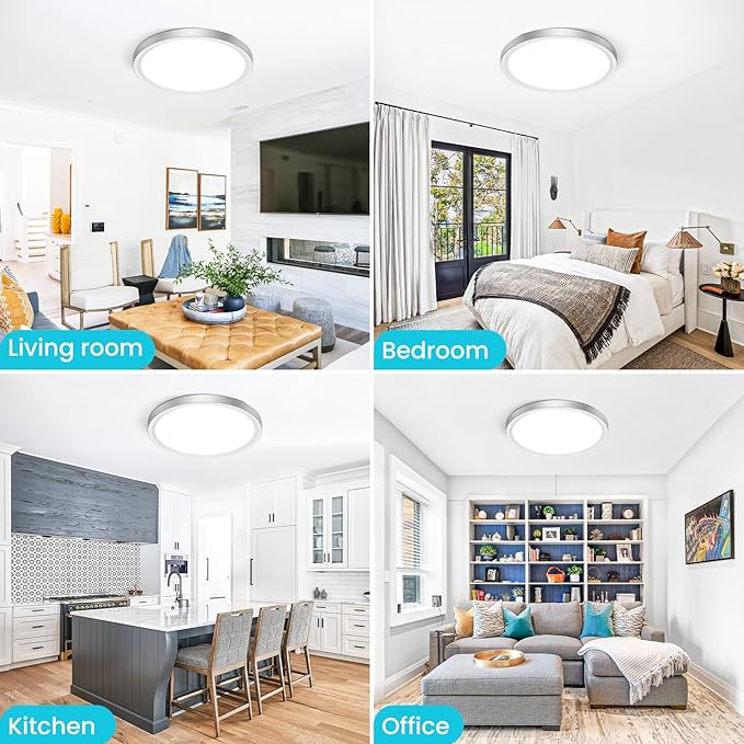 libtit 12 inch Flush Mount LED Ceiling Light Fixture, 3000K 4000K 6500K Adjustable, 28W 3200lm Brushed Nickel Satin Round Ceiling Lamp for Bathroom Shower Hallway Kitchen, 4 Pack