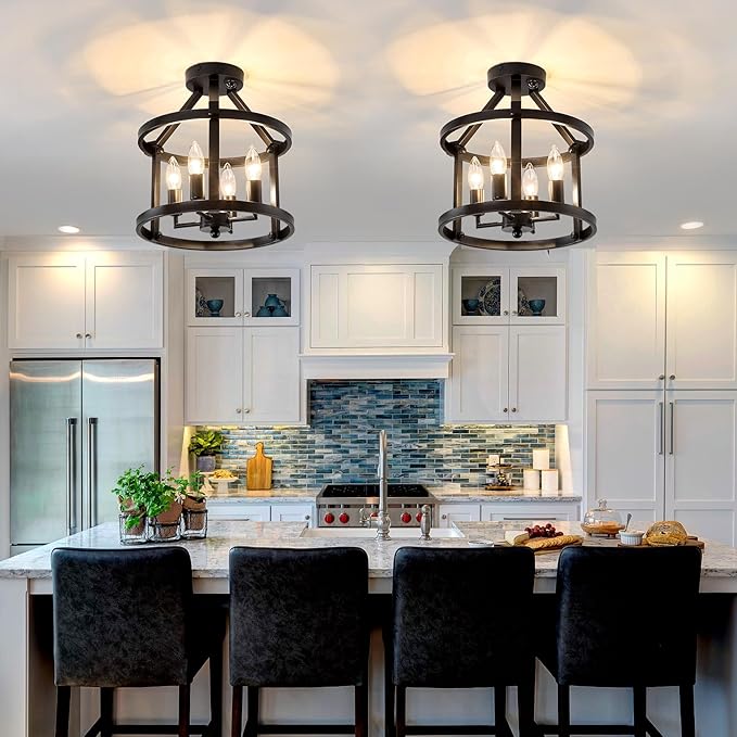 UOFUS Indoor Motion Sensor Ceiling Light Fixture Black Semi Flush Mount Chandelier Overhead Light Fixture for Entryway Hallway Porch Stairwell Garage