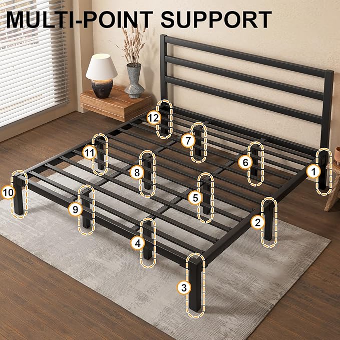 King Size Bed Frame, Metal Platform Bed Frame with Headboard, Mattress Foundation with Spacious Underbed Storage, No Box Spring Needed, Easy Assembly, Modern, Black