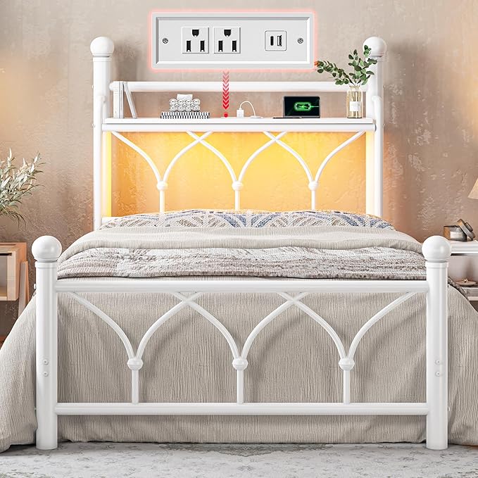 EnHomee Twin Bed Frame with Headboard,Metal Twin Size Bed Frame with Storage,LED Lights,Power Outlets,Sturdy & Easy Assembly,No Box Spring Needed,White