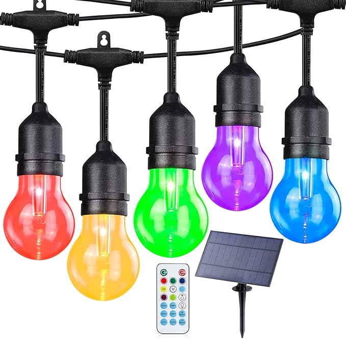 Solar Outdoor RGB String Lights, 48FT Dimmable Patio Lights with 15 Shatterproof Edison Bulbs, Commercial Grade Waterproof LED String Lighting with Remote for Party, Garden, Yard