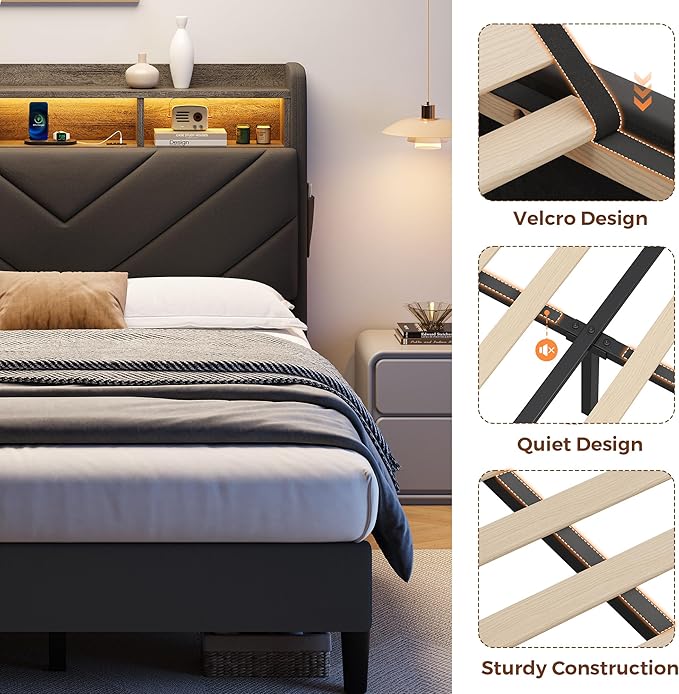 Twin Size Velvet Bed Frame with Ergonomic Headboard, Upholstered Platform Bed with LED Light & Charging Station, Wooden Slats Support, Noise-Free, No Box Spring Needed (Grey)
