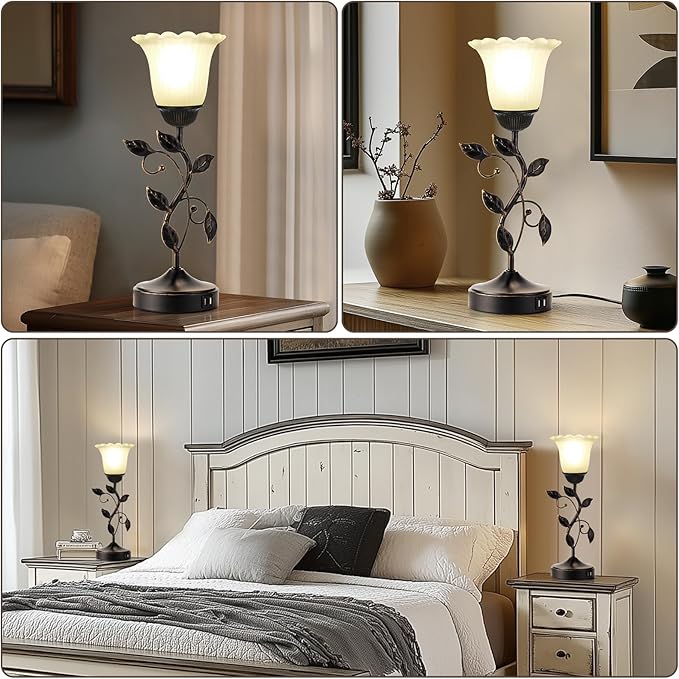 RORIANO Set of 2 Touch Bedside Vintage Lamps with 2 USB Ports, 3-Way Dimmable Flower Lamps, White Glass Shade Rustic Leaf Lamp for Bedroom Side Table, LED Bulb Included