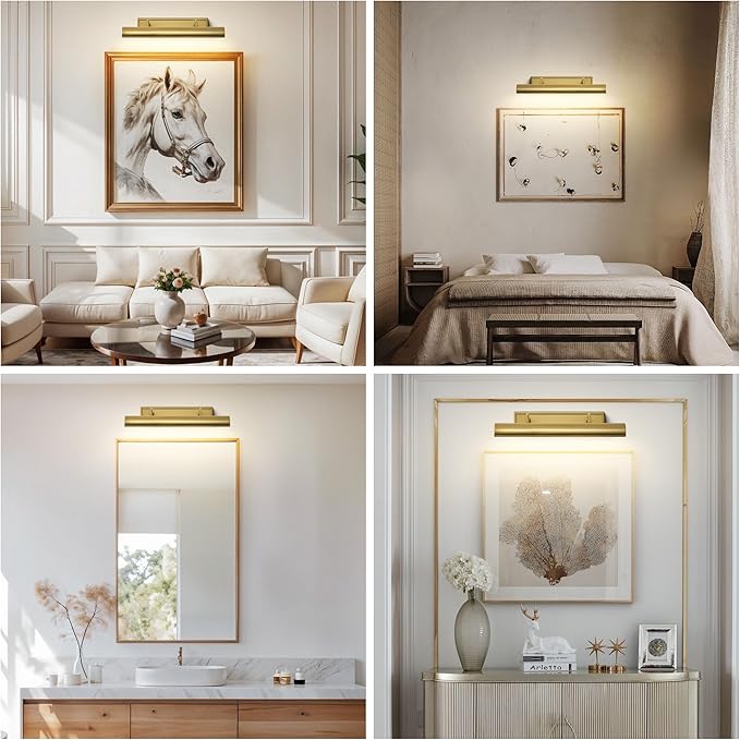 AUDOSY18 Brass Picture Light, 270° Rotatable Gold Wall Sconce Hardwired, 3-Light Vanity Wall Light Over Mirror, Dimmable Picture Art Light for Living Room, Bedroom & Bathroom- Upgrade