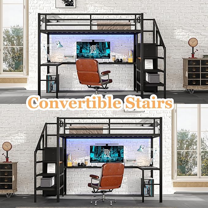 Bellemave Full Size Metal Loft Bed with L Shaped Desk and Wardrobe, Heavy Duty Loft Bed Frame with Storage Stairs, LED Loft Bed Frame with Charging Station & Safety Guard, Space Saving Loft Bed, Black