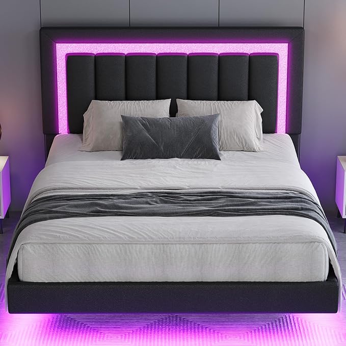 HOMBCK Floating Bed Frame Queen with Smart LED Lights, Faux Leather Upholstered Bed Frame Queen Size with Diamond Headboard, No Box Spring Needed, Noise Free, Easy Assembly, Black