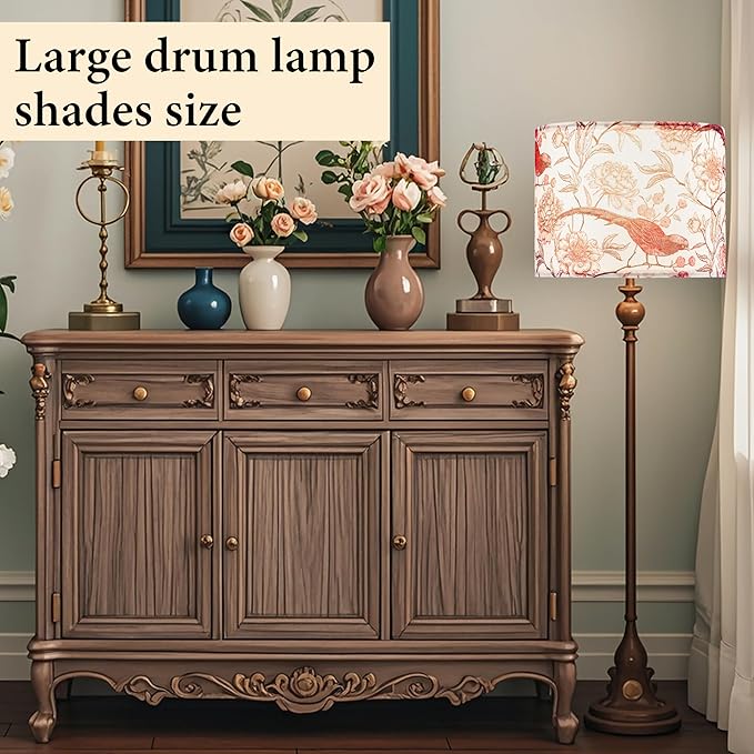 GO&SO 1 Pack Floral Bird Large Drum Lamp Shade,1.65"Spider E27 Base,16" x16" x12",Printed Pattern Design,DIY Assembly with Multi-Adapter (E26/E14/10mm),Ideal for Floor/Table Lamps/Pendant Lighting