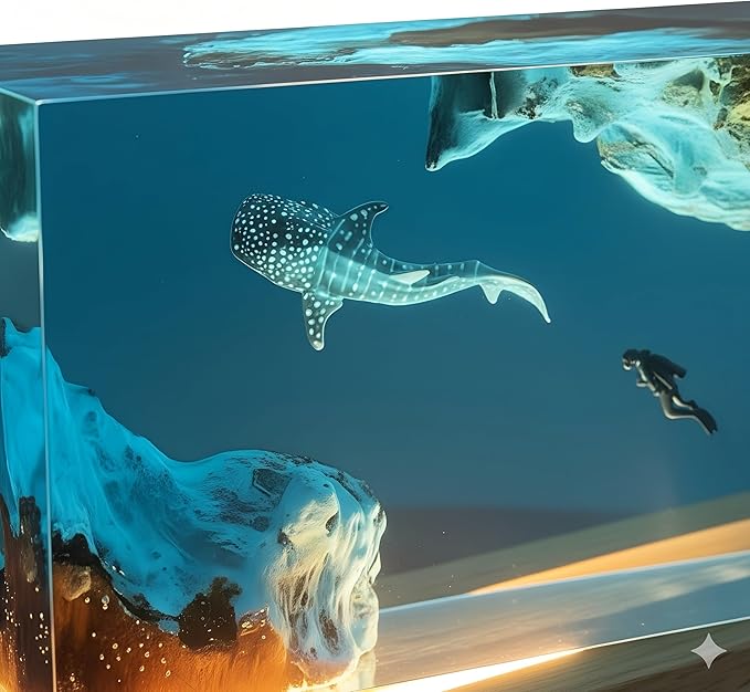 Handmade Ocean Resin Night Light 7-Color LED Lamp with Remote, Epoxy Resin Wood Lamp for Bedroom Decor & Desk, Romantic Valentine’s Day Gift for Her, Men's Office Decor (Whale, Small)